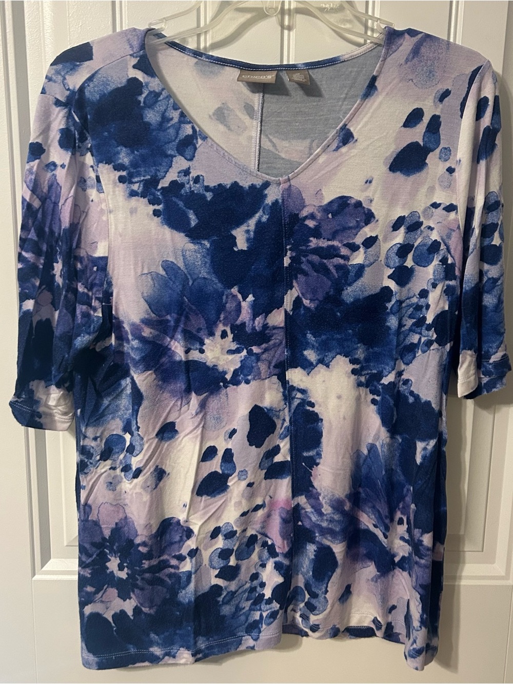 Chico's Blue and Purple Floral V-Neck Short Sleeve Top